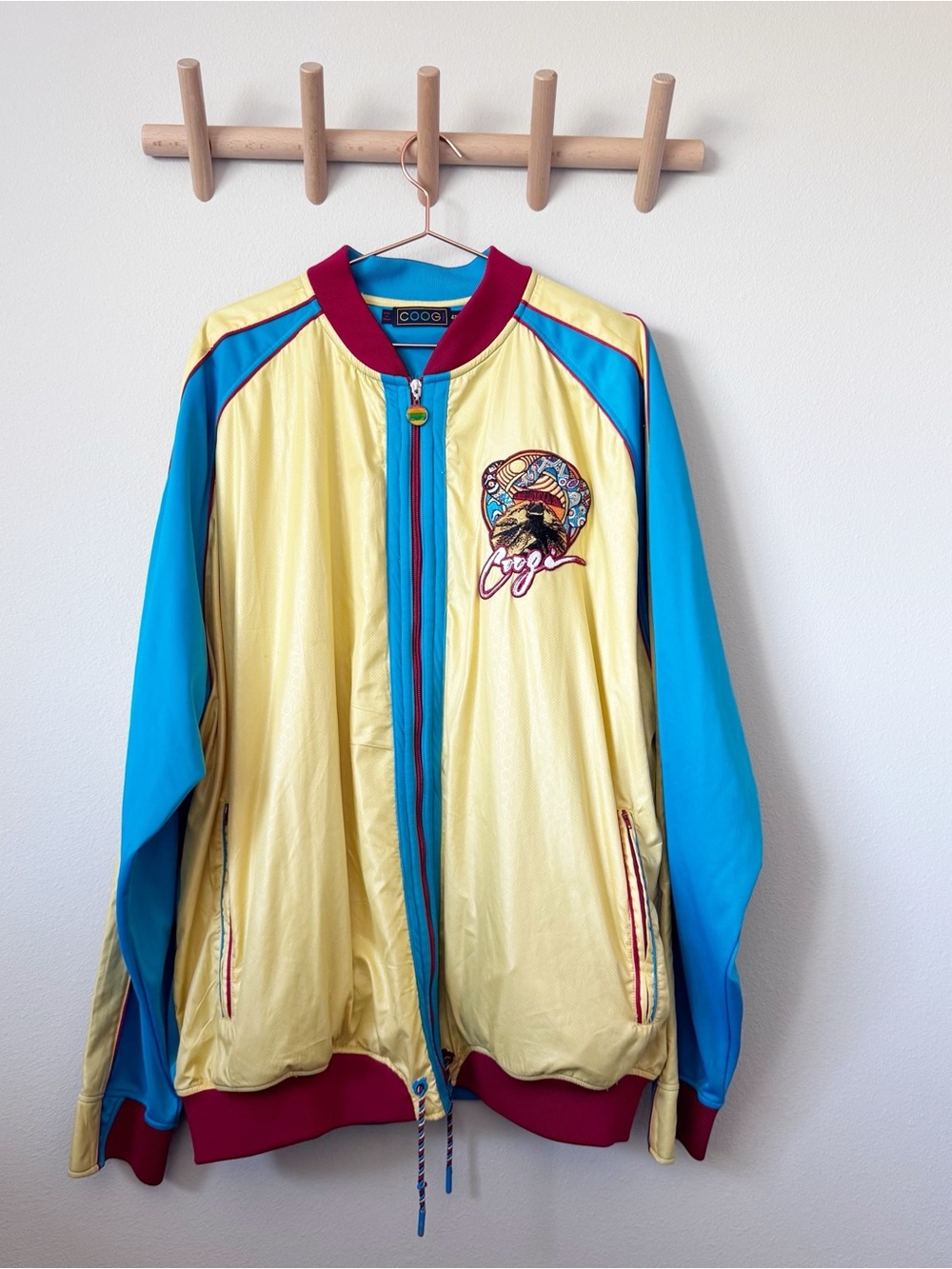 COOGI Vintage 90’s Yellow & Blue Colorblock Bomber Jacket with Maroon Trim